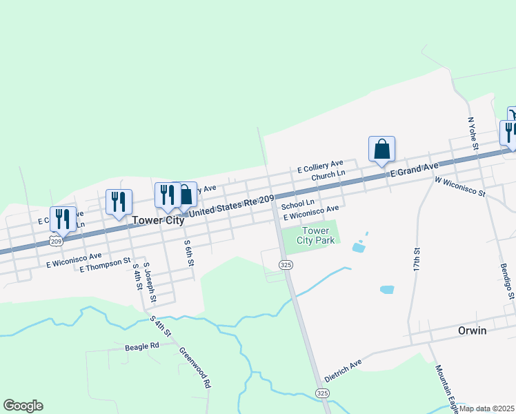 map of restaurants, bars, coffee shops, grocery stores, and more near 912 East Grand Avenue in Tower City