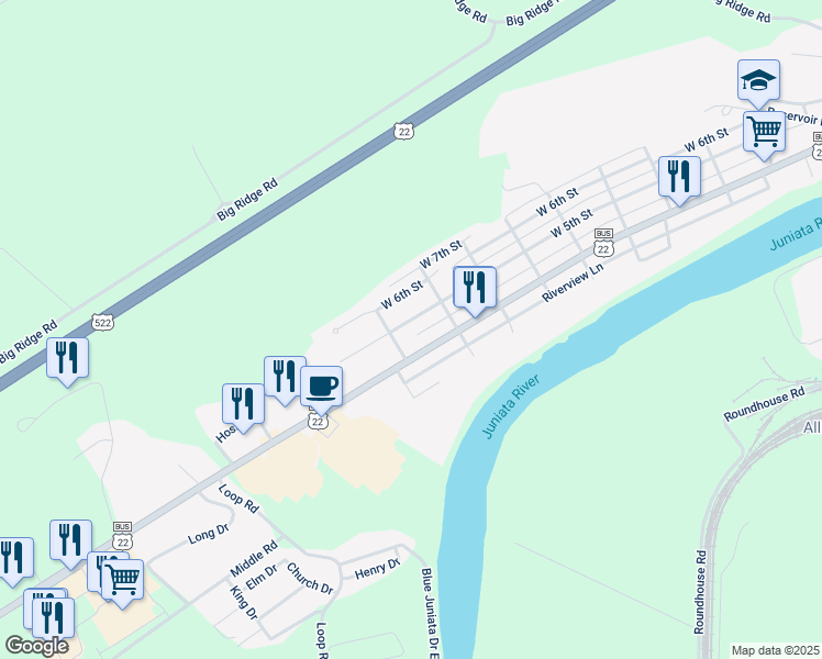 map of restaurants, bars, coffee shops, grocery stores, and more near 1132 West 5th Street in Lewistown