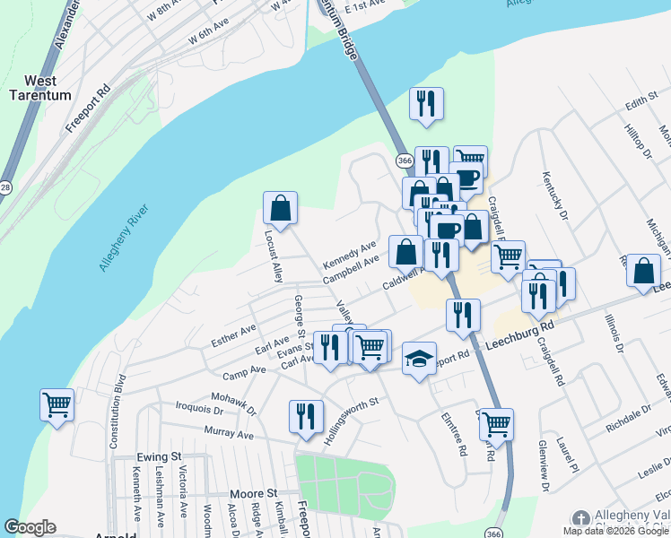 map of restaurants, bars, coffee shops, grocery stores, and more near 715 Campbell Avenue in New Kensington