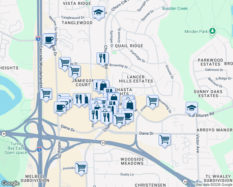 map of restaurants, bars, coffee shops, grocery stores, and more near 1231 Brandon Court in Redding