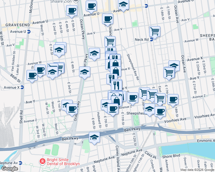 map of restaurants, bars, coffee shops, grocery stores, and more near 717 Dunne Court in Brooklyn