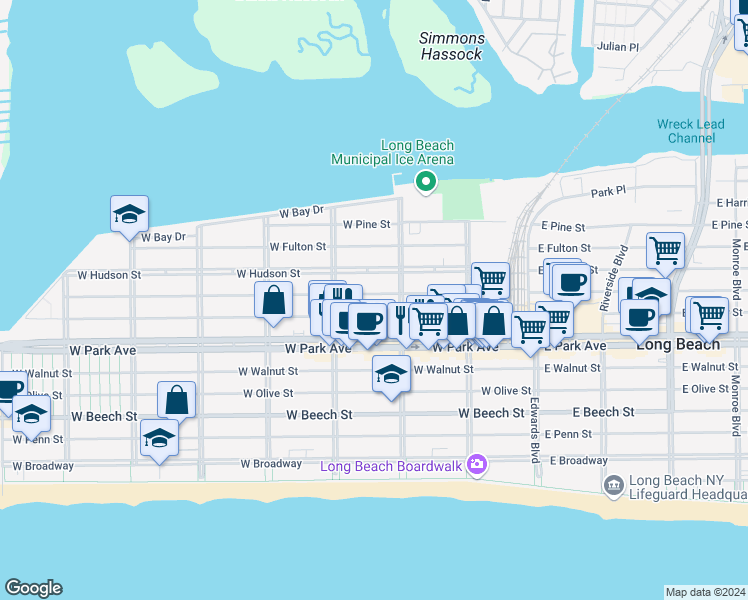 map of restaurants, bars, coffee shops, grocery stores, and more near 234 West Market Street in Long Beach
