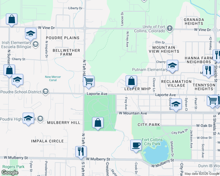 map of restaurants, bars, coffee shops, grocery stores, and more near 1850 Laporte Avenue in Fort Collins