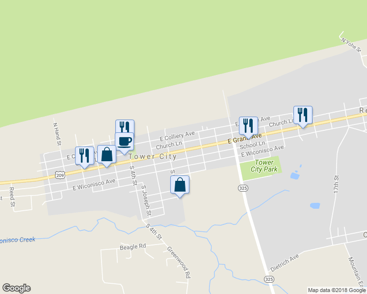 map of restaurants, bars, coffee shops, grocery stores, and more near 645 East Grand Avenue in Tower City