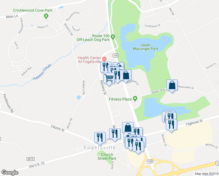 map of restaurants, bars, coffee shops, grocery stores, and more near 7801 Glenlivet Drive West in Fogelsville