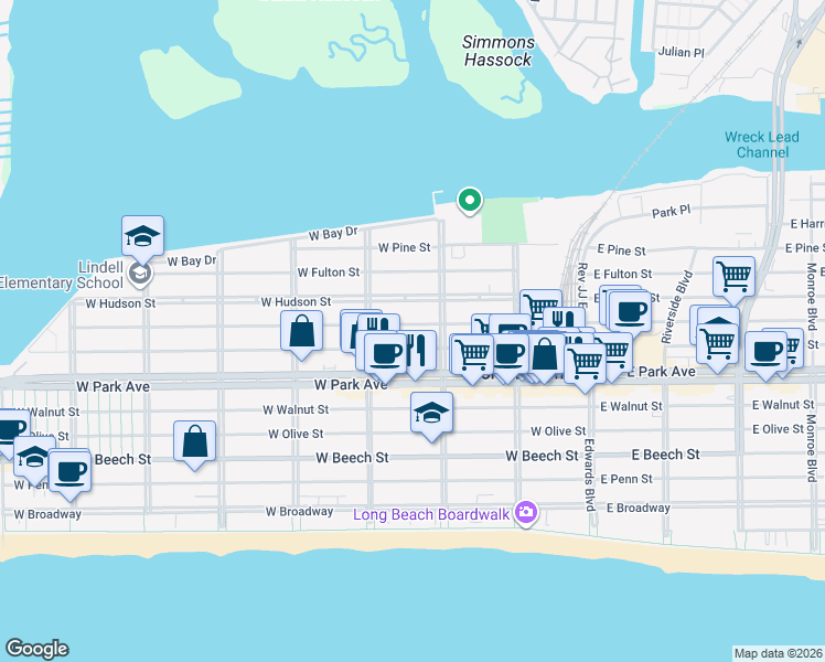 map of restaurants, bars, coffee shops, grocery stores, and more near 234 West Market Street in Long Beach