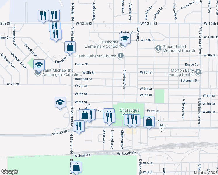 map of restaurants, bars, coffee shops, grocery stores, and more near 2309 West 7th Street in Hastings