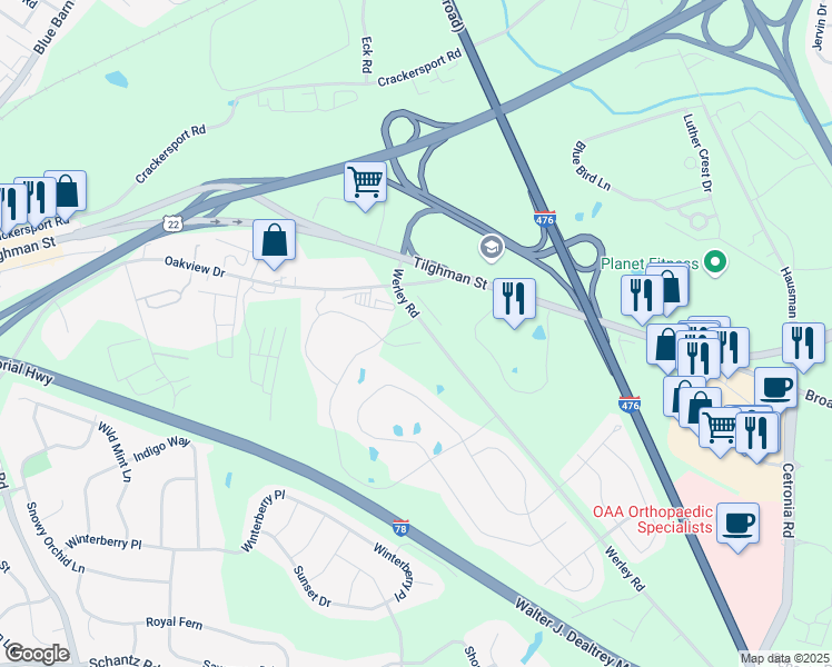 map of restaurants, bars, coffee shops, grocery stores, and more near 134 Werley Road in Allentown