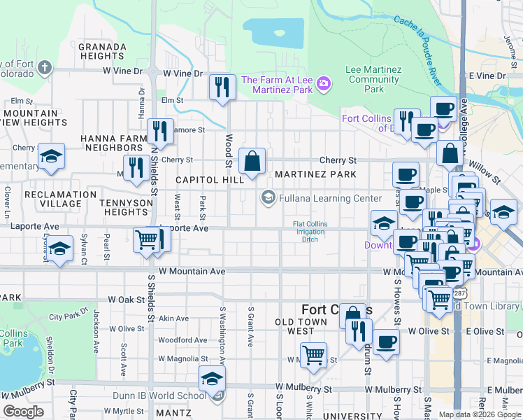 map of restaurants, bars, coffee shops, grocery stores, and more near 220 North Grant Avenue in Fort Collins