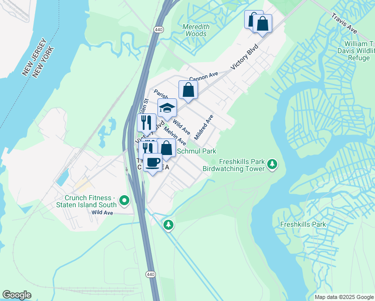 map of restaurants, bars, coffee shops, grocery stores, and more near 174 Wild Avenue in Staten Island