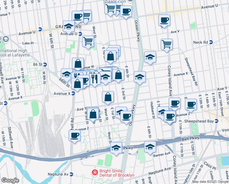 map of restaurants, bars, coffee shops, grocery stores, and more near 2431 East 2nd Street in Brooklyn