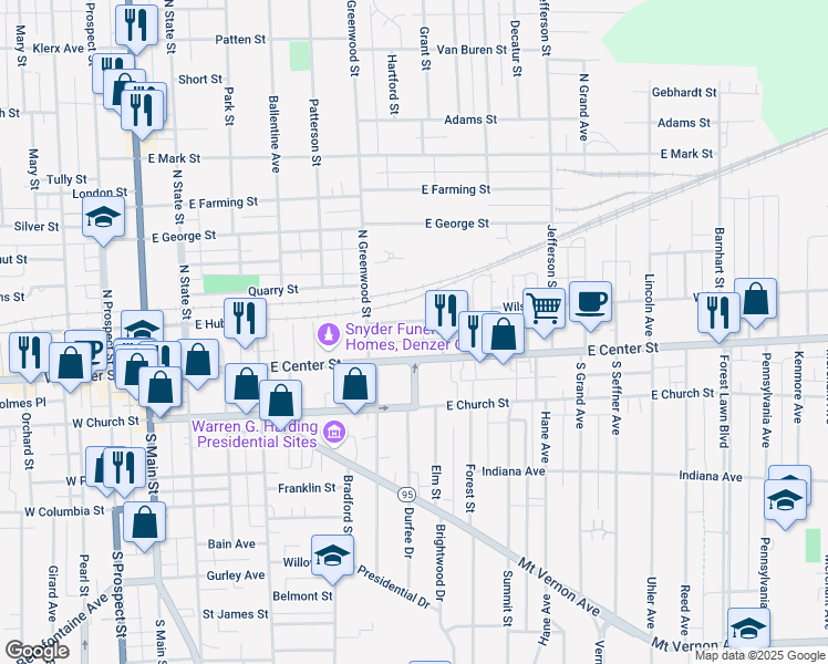 map of restaurants, bars, coffee shops, grocery stores, and more near 143 Johns Street in Marion
