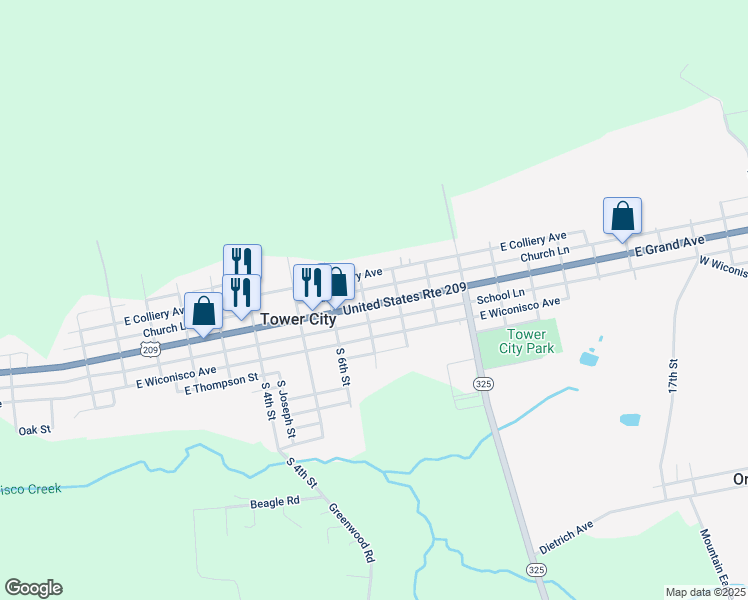 map of restaurants, bars, coffee shops, grocery stores, and more near 711 East Grand Avenue in Tower City
