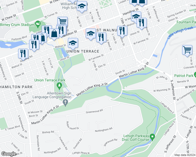 map of restaurants, bars, coffee shops, grocery stores, and more near 442 South 18th Street in Allentown