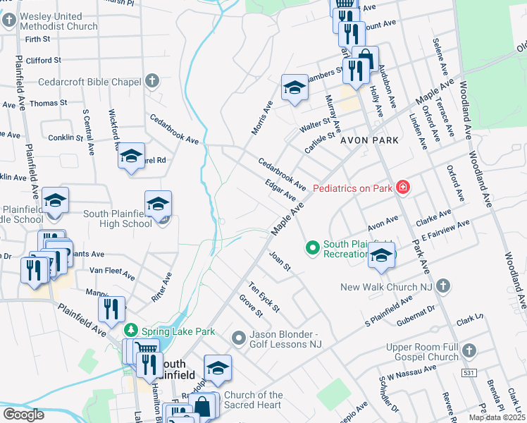 map of restaurants, bars, coffee shops, grocery stores, and more near 127 Daniel Street in South Plainfield