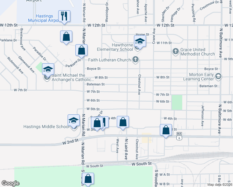 map of restaurants, bars, coffee shops, grocery stores, and more near 2411 West 7th Street in Hastings