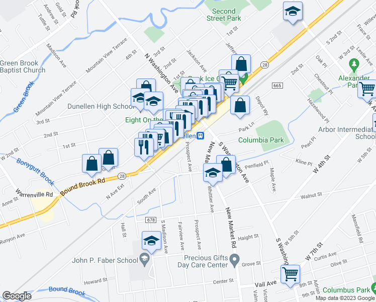 map of restaurants, bars, coffee shops, grocery stores, and more near 106 Prospect Avenue in Dunellen