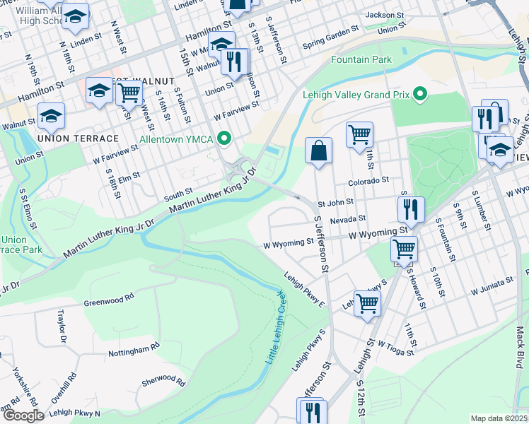 map of restaurants, bars, coffee shops, grocery stores, and more near 1403 Saint John Street in Allentown