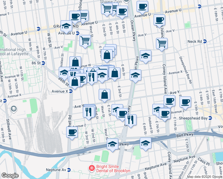 map of restaurants, bars, coffee shops, grocery stores, and more near 2431 East 2nd Street in Brooklyn