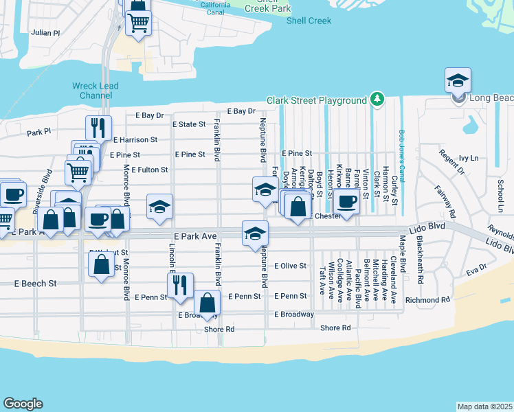 map of restaurants, bars, coffee shops, grocery stores, and more near 455 Neptune Boulevard in Long Beach