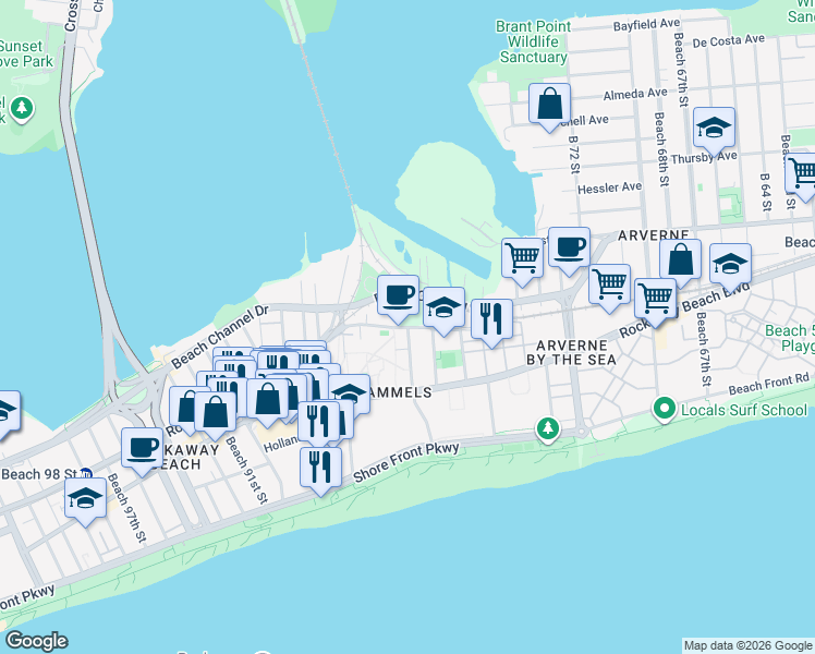 map of restaurants, bars, coffee shops, grocery stores, and more near 8105 Beach Channel Drive in Queens
