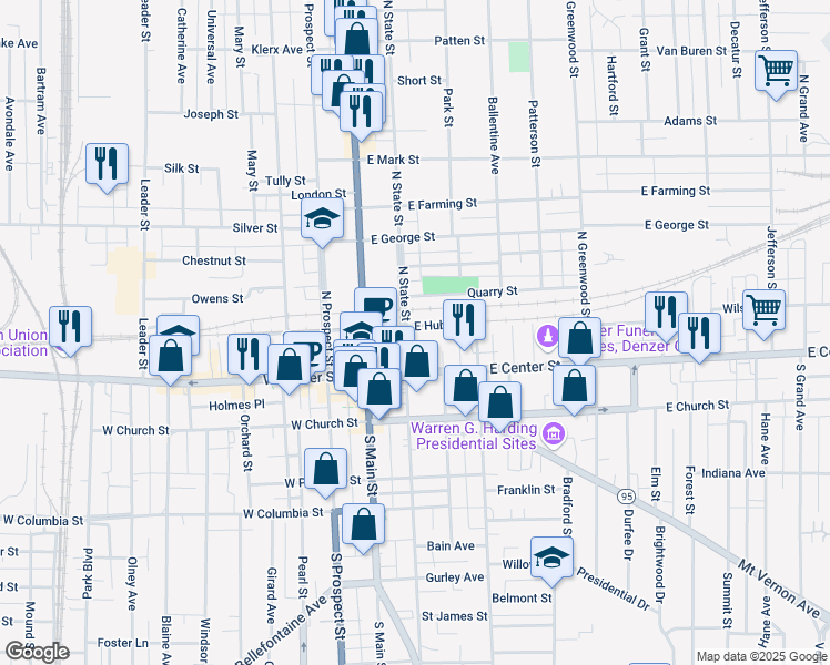 map of restaurants, bars, coffee shops, grocery stores, and more near 154 North State Street in Marion