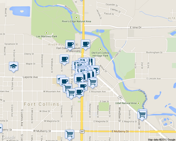 map of restaurants, bars, coffee shops, grocery stores, and more near 244 North College Avenue in Fort Collins