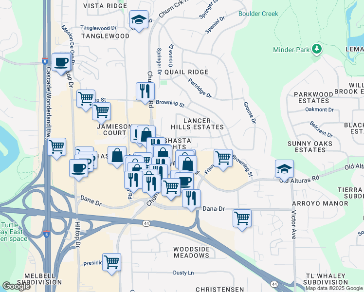 map of restaurants, bars, coffee shops, grocery stores, and more near 1229 Burton Court in Redding