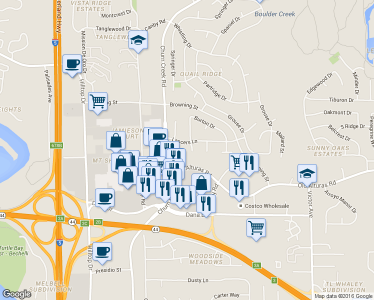 map of restaurants, bars, coffee shops, grocery stores, and more near 1229 Burton Court in Redding