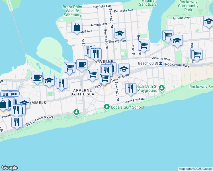 map of restaurants, bars, coffee shops, grocery stores, and more near 67-10 Rockaway Beach Boulevard in Queens
