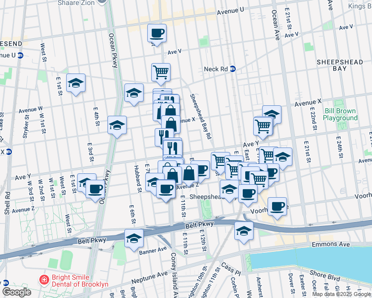map of restaurants, bars, coffee shops, grocery stores, and more near 2470 East 12th Street in Brooklyn