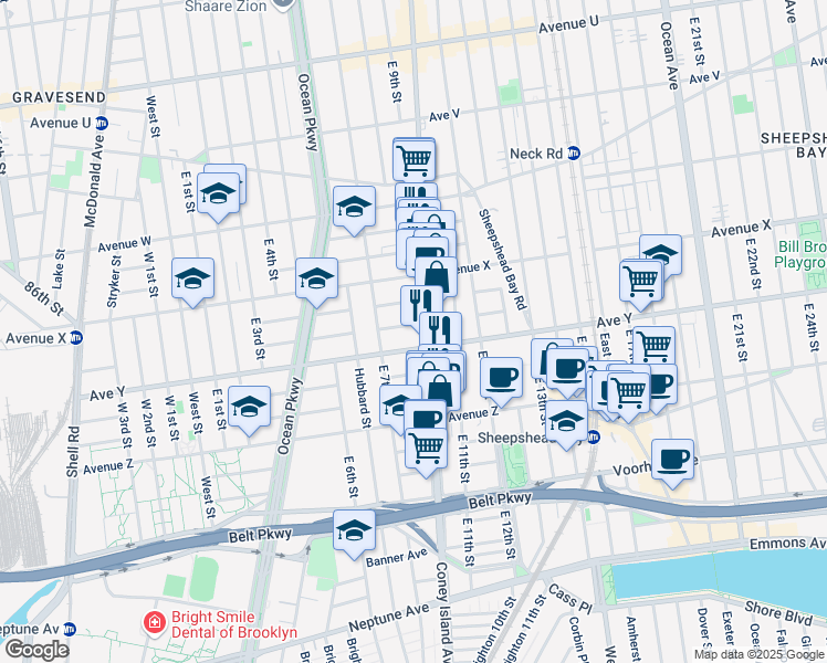 map of restaurants, bars, coffee shops, grocery stores, and more near 2733 Coney Island Avenue in Brooklyn