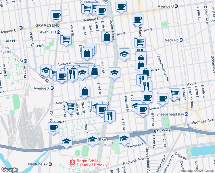 map of restaurants, bars, coffee shops, grocery stores, and more near 20 Ocean Court in Brooklyn