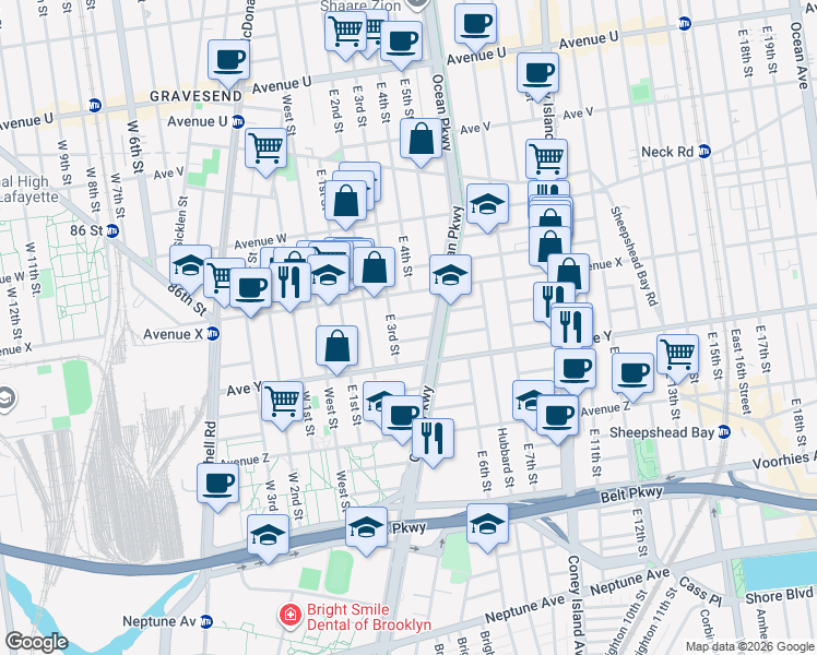 map of restaurants, bars, coffee shops, grocery stores, and more near 20 Ocean Court in Brooklyn