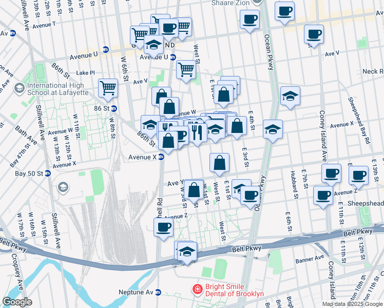 map of restaurants, bars, coffee shops, grocery stores, and more near 2415 West 1st Street in Brooklyn