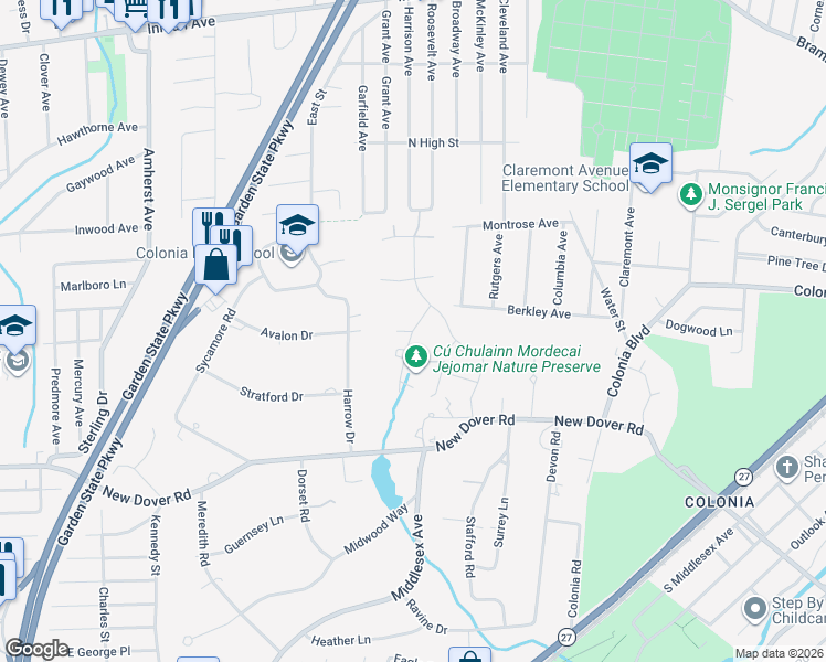map of restaurants, bars, coffee shops, grocery stores, and more near 124 Chelsea Lane in Woodbridge Township