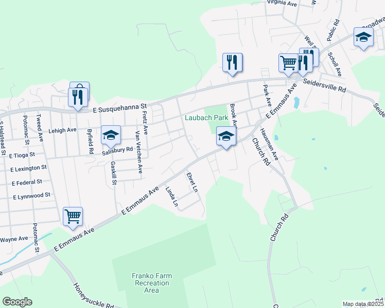 map of restaurants, bars, coffee shops, grocery stores, and more near 1461 Garden Avenue in Allentown