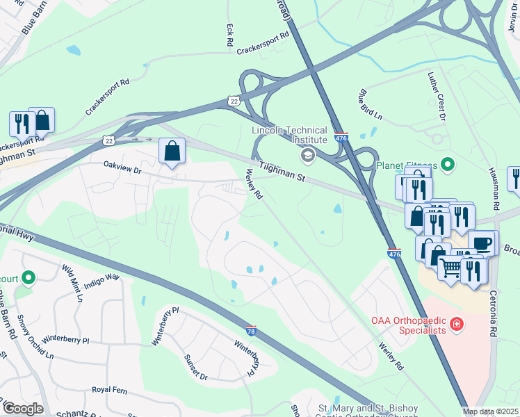 map of restaurants, bars, coffee shops, grocery stores, and more near 134 Werley Road in Allentown