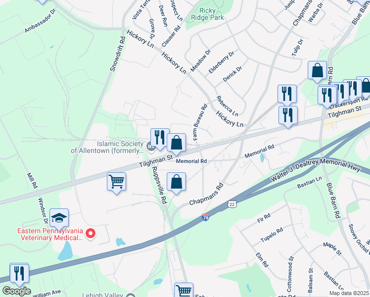 map of restaurants, bars, coffee shops, grocery stores, and more near 6535 Tilghman Street in Allentown