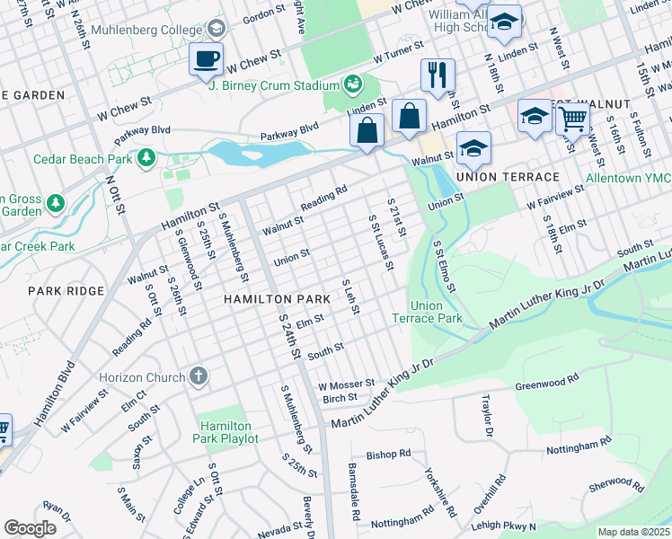 map of restaurants, bars, coffee shops, grocery stores, and more near 2227 West Fairview Street in Allentown