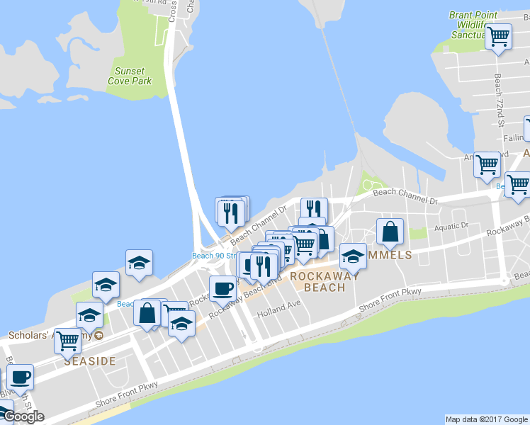 map of restaurants, bars, coffee shops, grocery stores, and more near 89-4 Beach Channel Drive in Queens