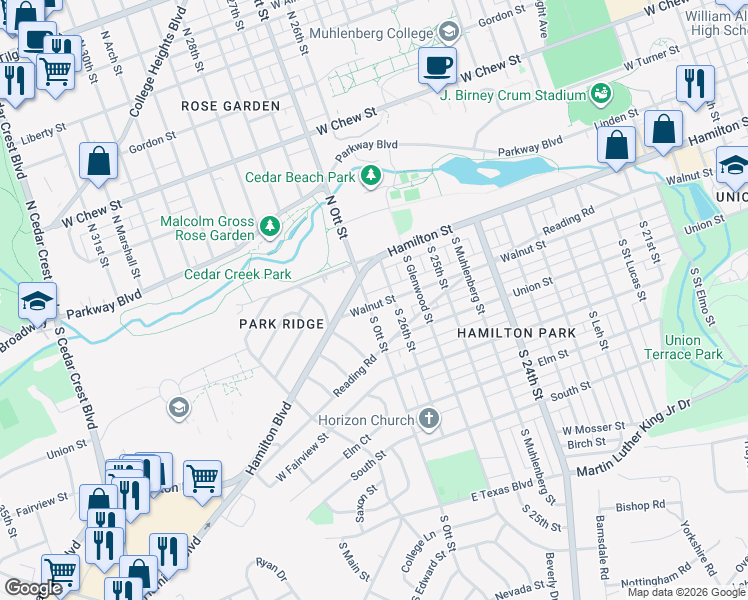 map of restaurants, bars, coffee shops, grocery stores, and more near 2615 Walnut Street in Allentown