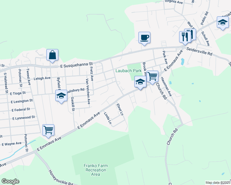 map of restaurants, bars, coffee shops, grocery stores, and more near 1461 Garden Avenue in Allentown