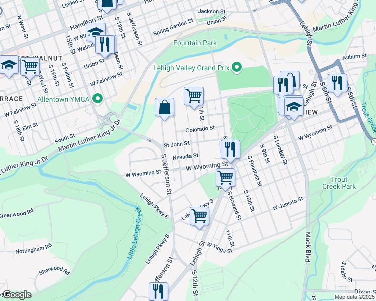map of restaurants, bars, coffee shops, grocery stores, and more near 911 South Poplar Street in Allentown