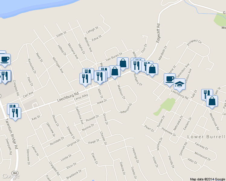 map of restaurants, bars, coffee shops, grocery stores, and more near 109 Jefferson Dr in New Kensington