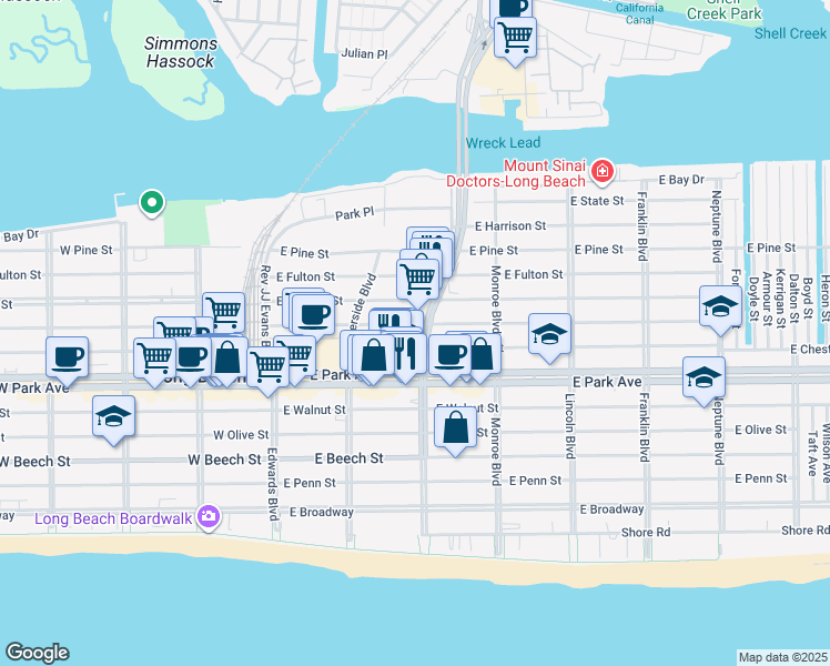 map of restaurants, bars, coffee shops, grocery stores, and more near 160 East Market Street in Long Beach
