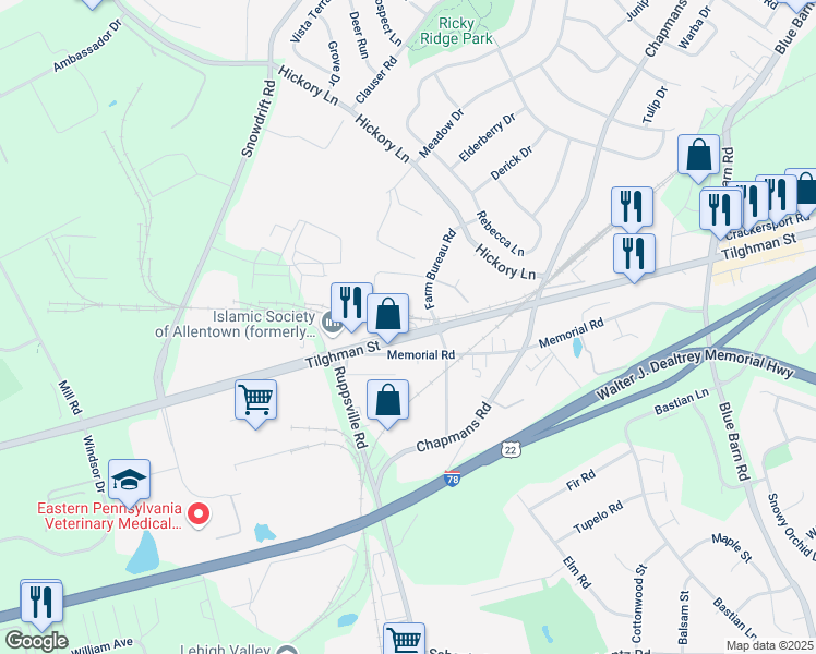 map of restaurants, bars, coffee shops, grocery stores, and more near 6535 Tilghman Street in Allentown