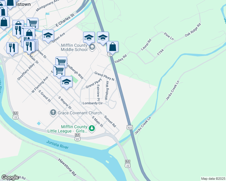 map of restaurants, bars, coffee shops, grocery stores, and more near 6-8 Summit Manor in Lewistown