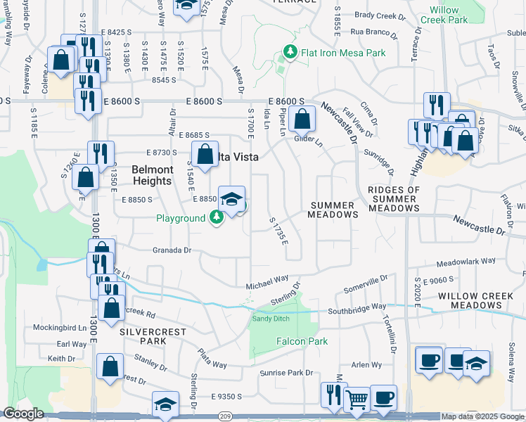 map of restaurants, bars, coffee shops, grocery stores, and more near 8882 Cameo Way in Sandy