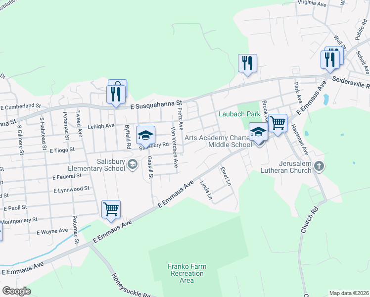 map of restaurants, bars, coffee shops, grocery stores, and more near 1403 Fretz Avenue in Allentown